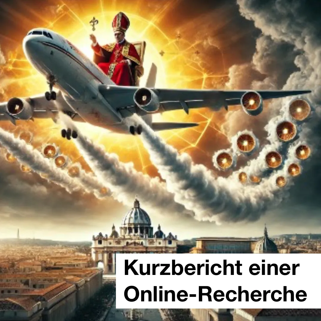 Das Bild zeigt einen Bischof, der auf dem Dach eines großen Passagierflugzeuges sitzt oder eher thront. Hinter ihm die Sonne, unten auf der Erde ist der Vatikan sichtbar. Das Flugzeug hinterläßt große Qualmwolken. Das Bild wurde mit KI-erstellt und das sieht man auch. Zusätzlicher Text: Kurzbericht einer Online-Recherche.