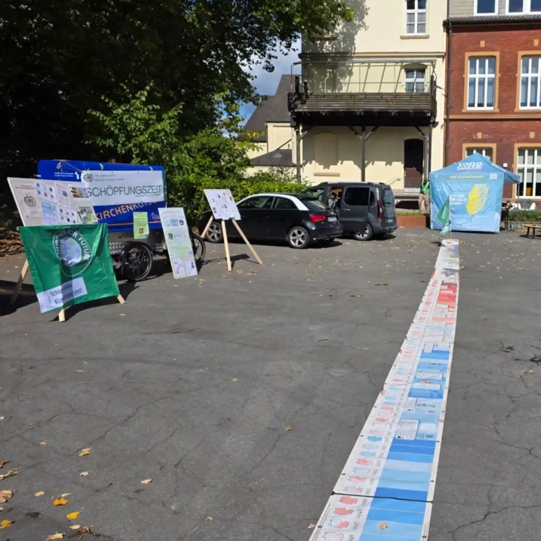 Das Bild zeigt einen sehr langen "Klimastreifen", der die Wärmeentwicklungen zeigt. Links im Bild sind Infostände zu sehen.