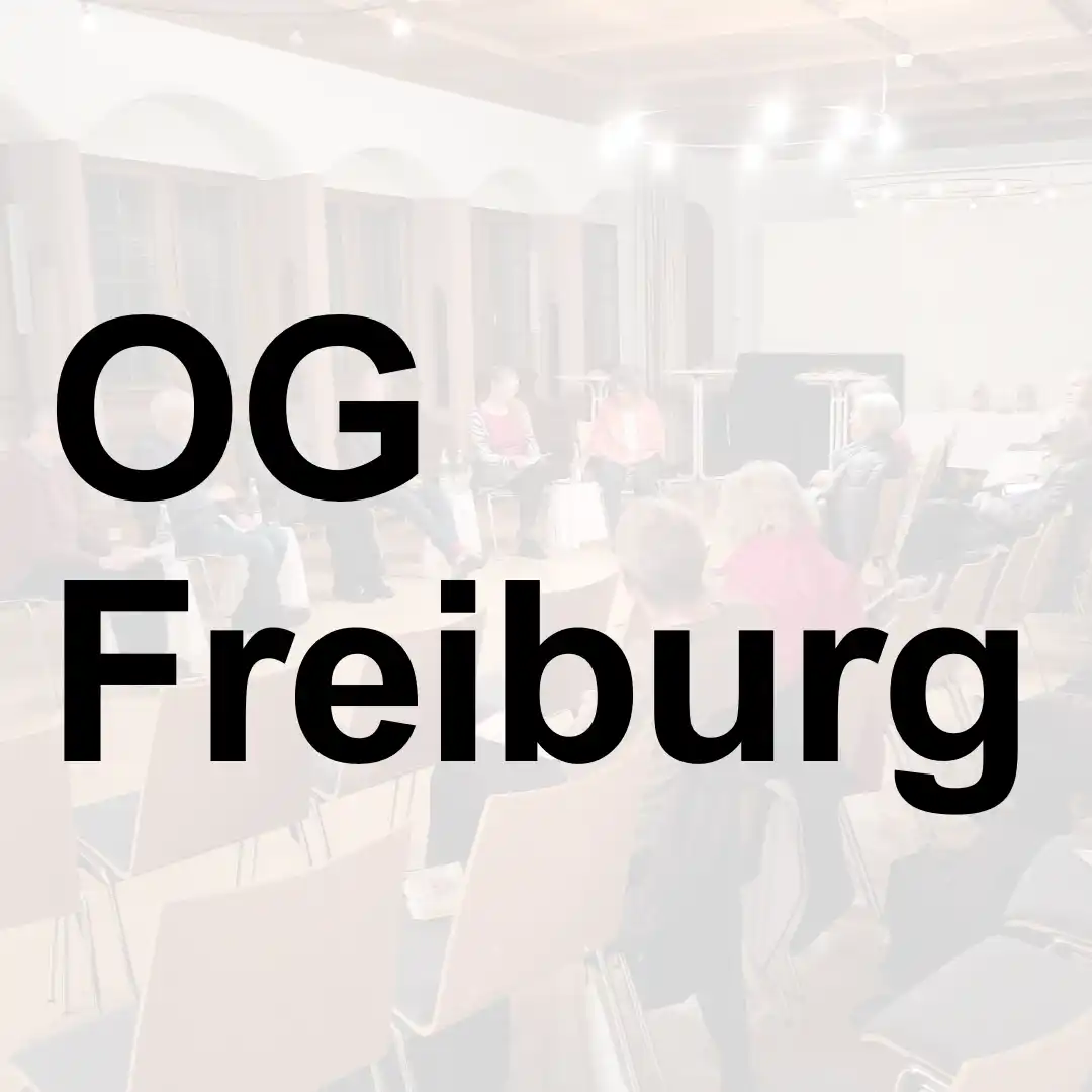 Das Bild zeigt im Hintergrund eine Gesprächsgruppe in einem Raum sitzend. Text: "OG Freiburg".