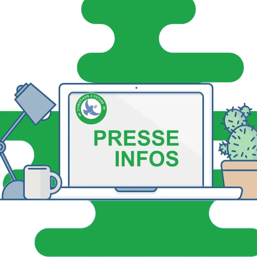 Das Bild zeigt auf oben links das Logo der Christians for Future. In der Mitte ist ein skizzierter Laptop mit aufgeklapptem Display sichtbar. Text auf dem Display: "Presse-Infos". Links neben dem Display steht ein Trinkbecher und eine Schreibtischlampe. Rechts steht ein Kaktus in einem kleinen Pflanzentopf.