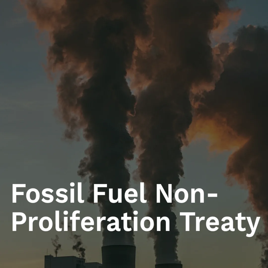 Das Bild zeigt im Hintergrund qualmende Schornsteine. Text: "Fossil Fuel Non - Proliferation Treaty".