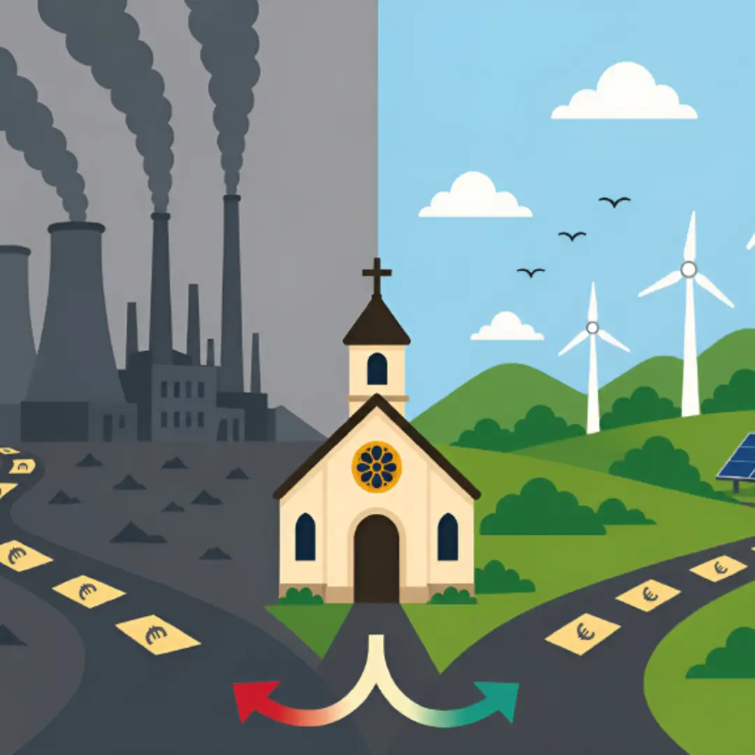 Das Bild ist eine Zeichnung und zeigt im Zentrum eine Kirche. Links im Bild ist eine düstere Industrieanlage mit rauchenden Schloten. Links im Bild ist eine grüne Landschaft mit Windkraftanlagen.