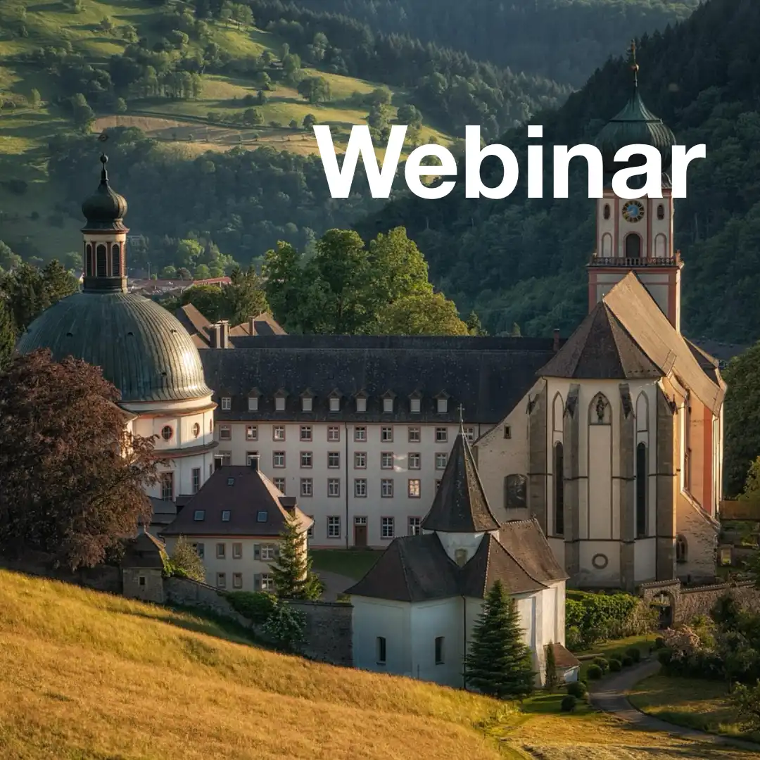 Das Bild zeigt ein Kloster der Jesuiten. Text: "Webinar".