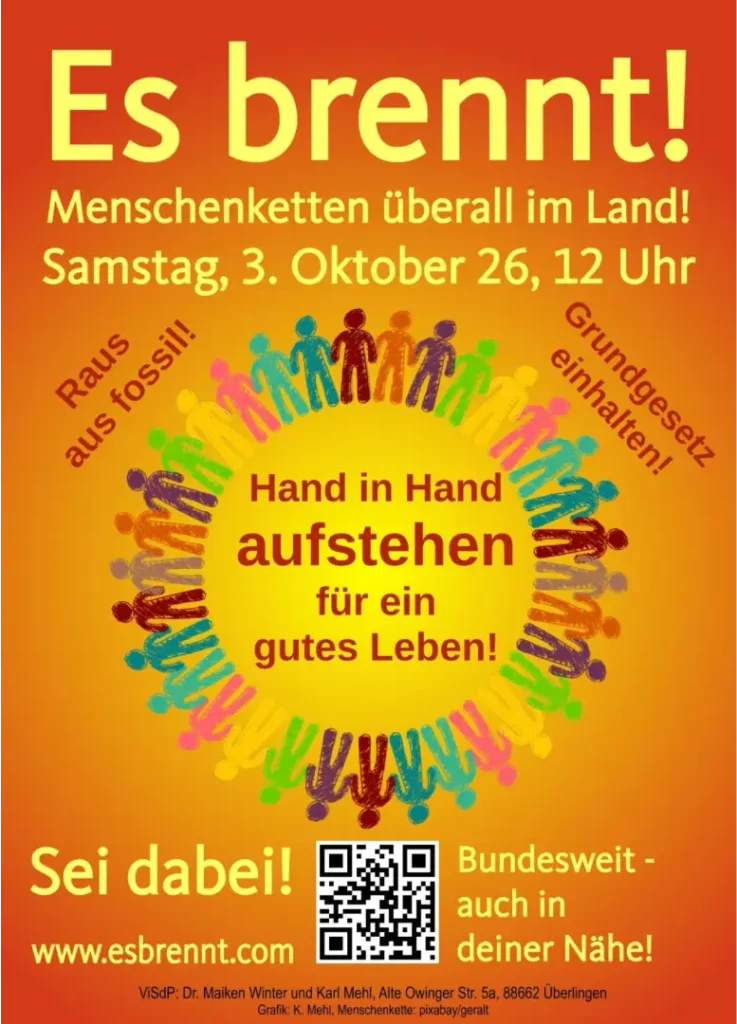 Das Bild zeigt in der Mitte einen Kreis  aus skizzierten Figuren, die eine Menschenkette bilden. Text: Es brennt! Menschenketten überall im Land! 3. Oktober 2026 um 12 Uhr. Raus aus fossil! Grundgesetz einhalten! Hand in Hand aufstehen für ein gutes Leben! Sei dabei! Bundesweit - auch in deiner Nähe!"