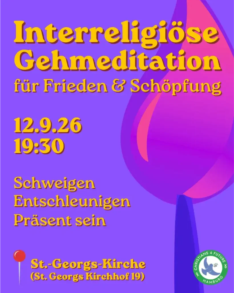 Das Bild zeigt ein Plakat für die Interreligiöse Gehmditation, die in Hamburg im Rahmen der Nacht der Kirchen am 12. September 2026 stattfindet.