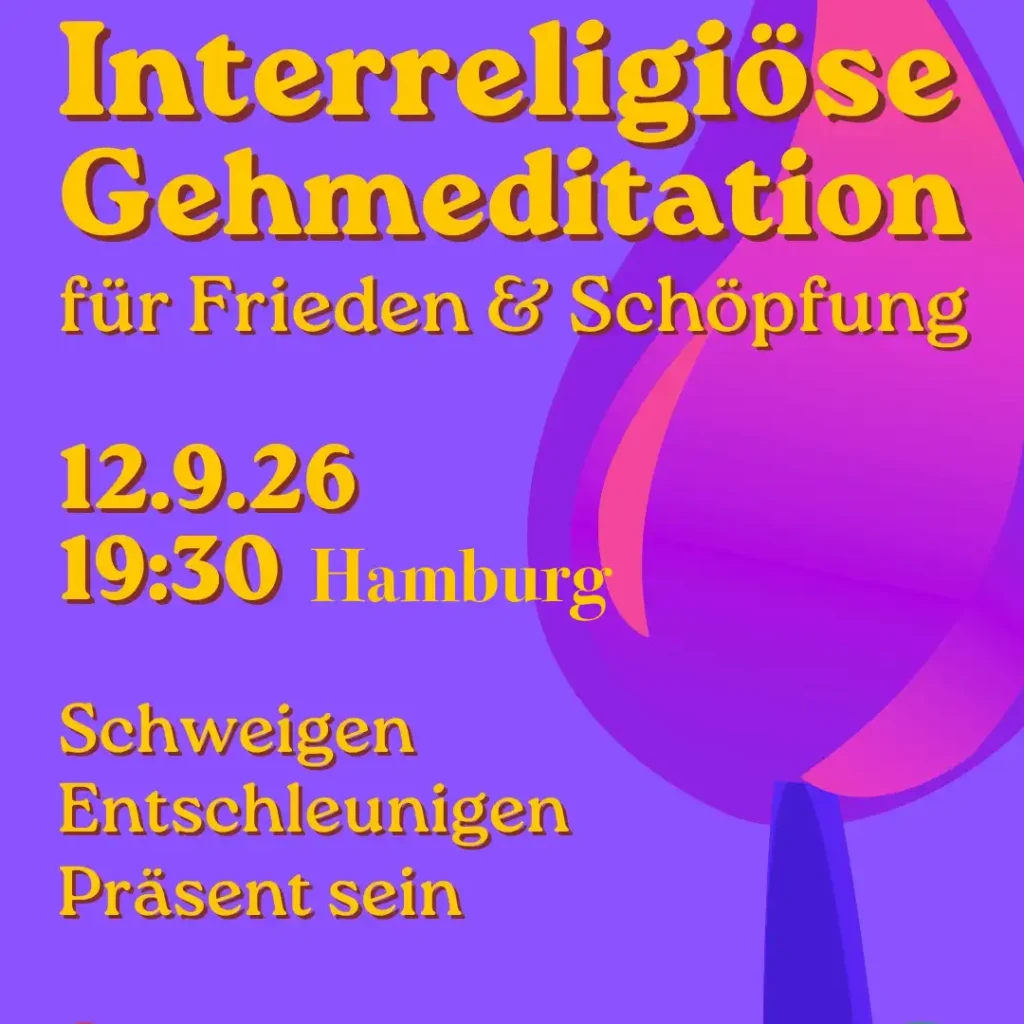 Das Bild zeigt ein Plakat für die Interreligiöse Gehmditation, die in Hamburg im Rahmen der Nacht der Kirchen am 12. September 2026 stattfindet.